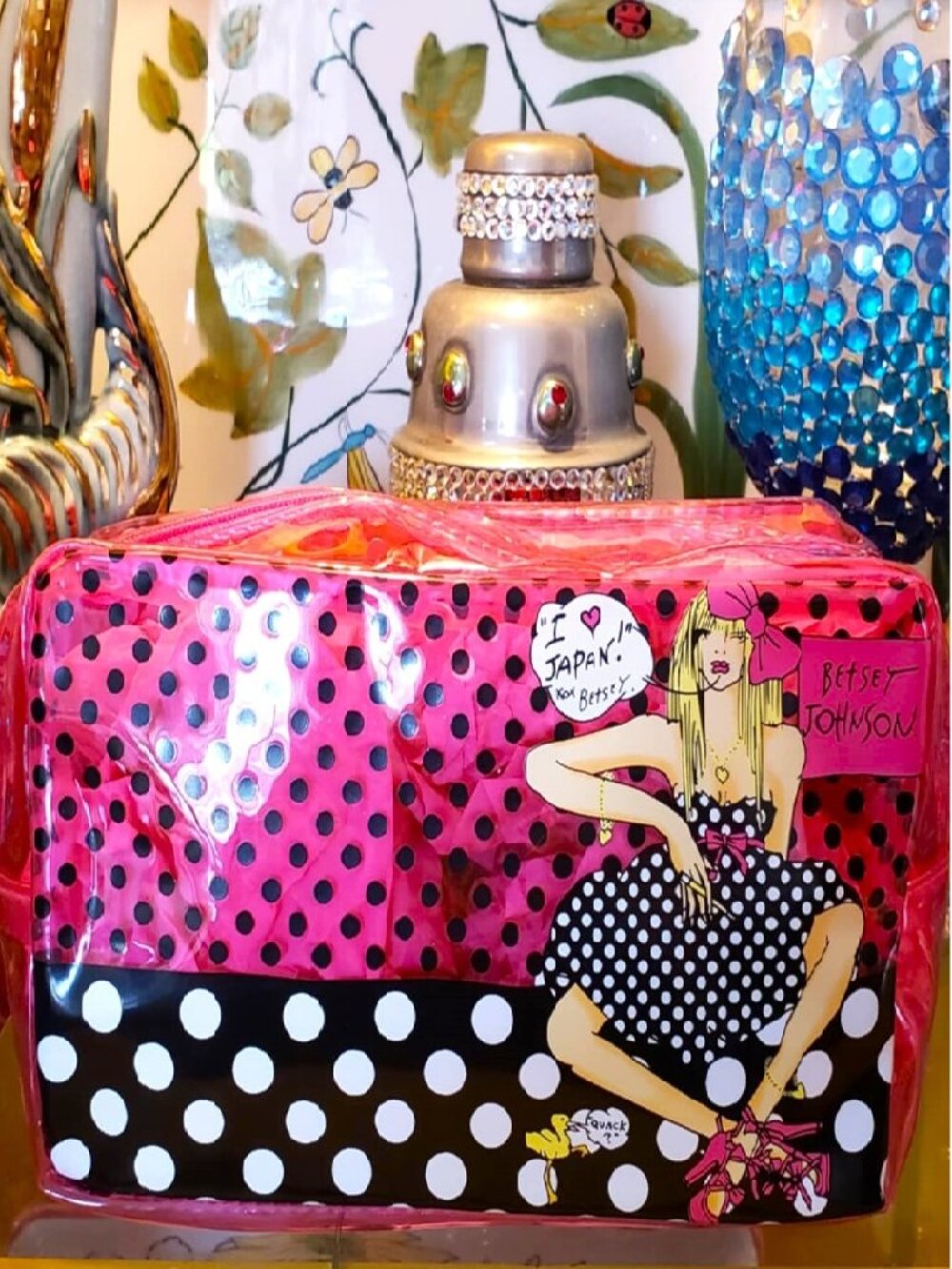 Vintage Betsey Johnson Polka Dot Runway Dress Cartoon Pop Art Handbag Makeup Bag